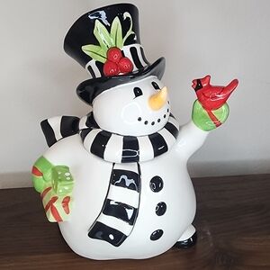 Fitz and Floyd Hand Painted Ceramic Snowman Cookie Jar, Frosty's Frolic, 2010